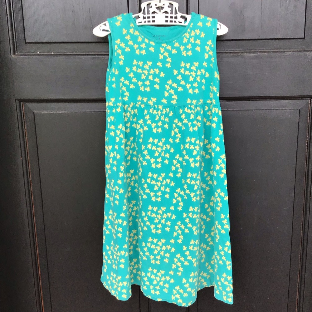Lands End Dress Girls Sz 6 Teal Yellow Butterflies Sleeveless Tank Cotton Casual